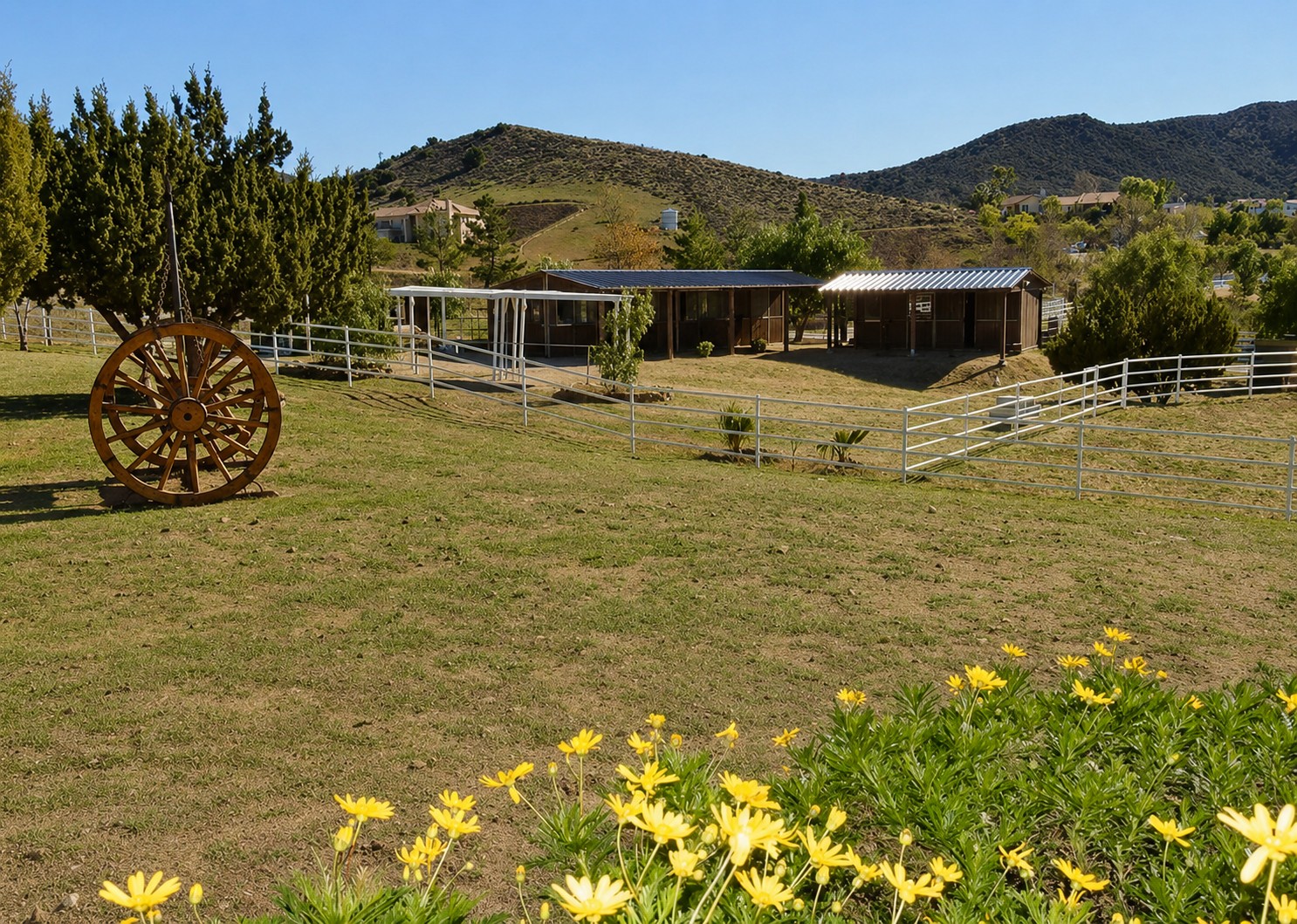 The ranch property with wagon wheel and wildflowers